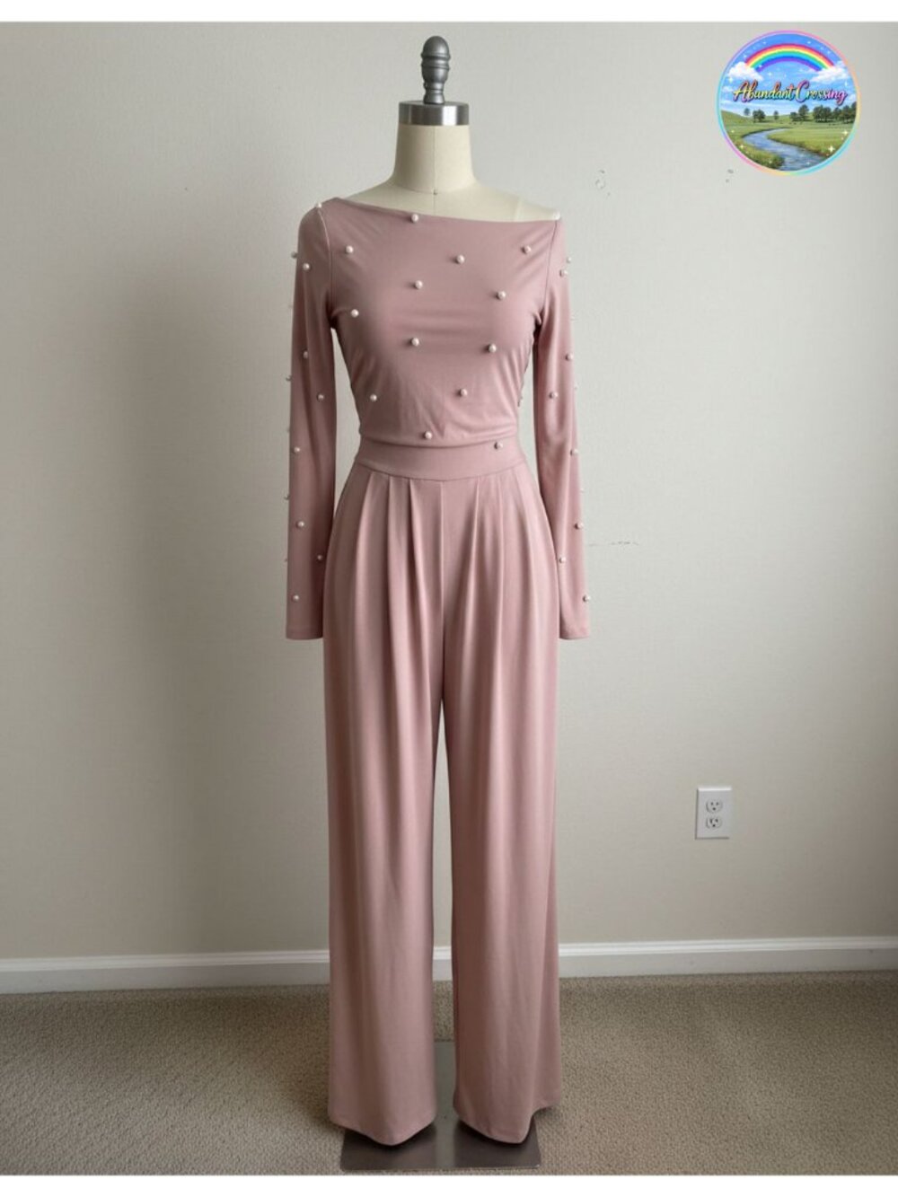 Women's Wide Leg Jumpsuit Long Sleeve Off Shoulder Pearl One Piece Outfit